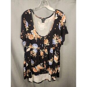 Torrid Sz 3 Black Floral‎ Print Babydoll Front Button Peasant Boho Top Blouse